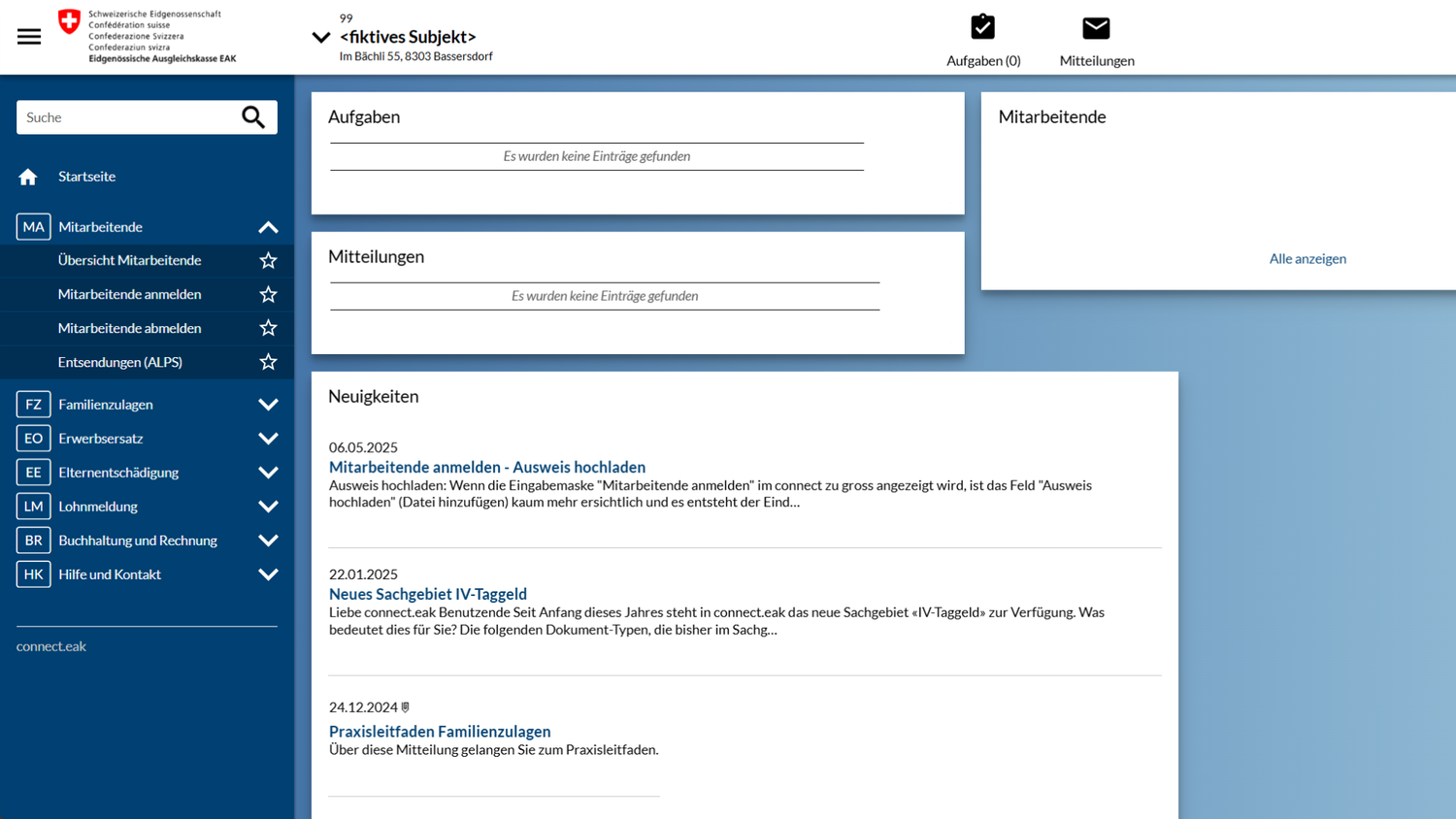 Screenshot vom Dashboard der Kundenplattform connect.eak.